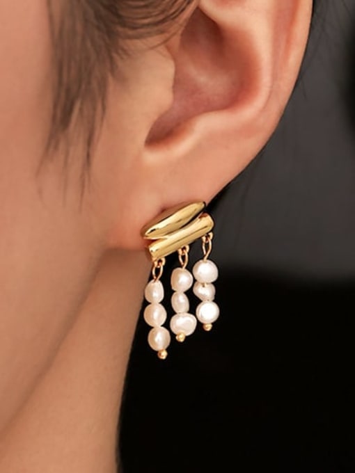 Five Color Brass Freshwater Pearl Tassel Minimalist Earring 2