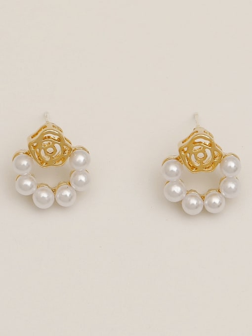 14k Gold Brass Imitation Pearl Flower Vintage Drop Trend Korean Fashion Earring