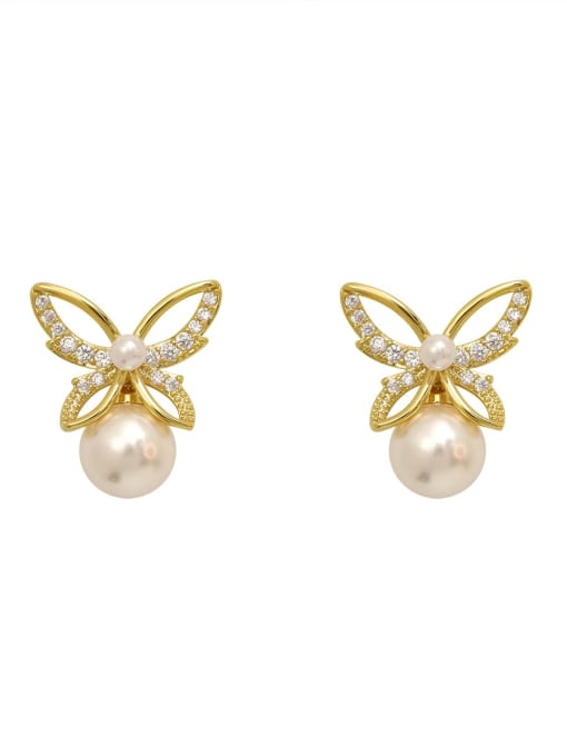 HYACINTH Copper Imitation Pearl Butterfly Minimalist Stud Trend Korean Fashion Earring 3