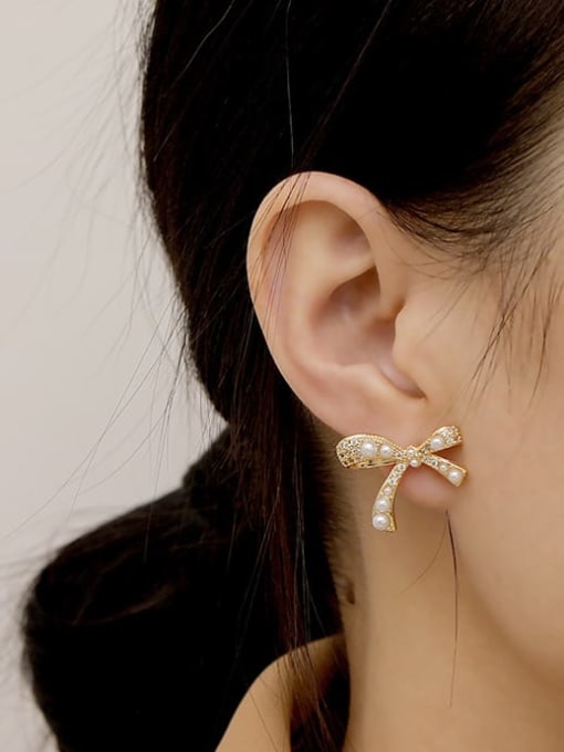 HYACINTH Brass Imitation Pearl Bowknot Vintage Stud Trend Korean Fashion Earring 1