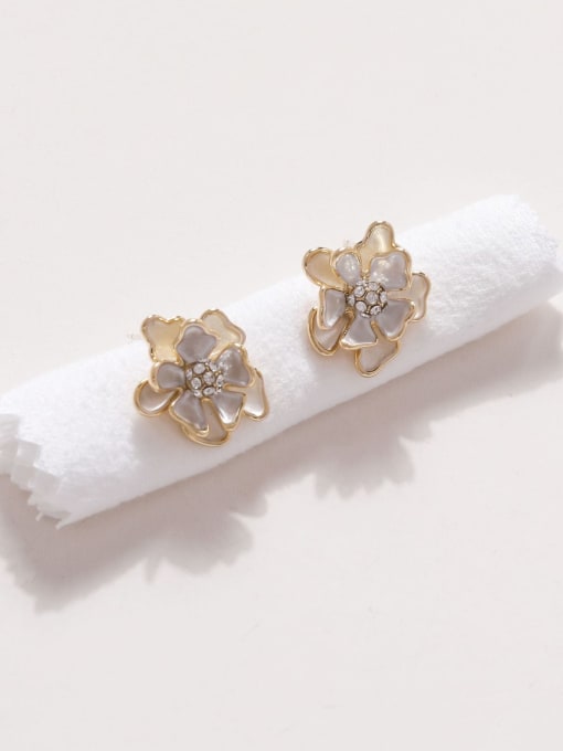 14k Gold Brass Rhinestone Enamel Flower Minimalist Stud Earring