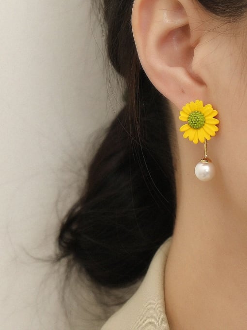 HYACINTH Brass Imitation Pearl Enamel Flower Cute Drop Trend Korean Fashion Earring 1