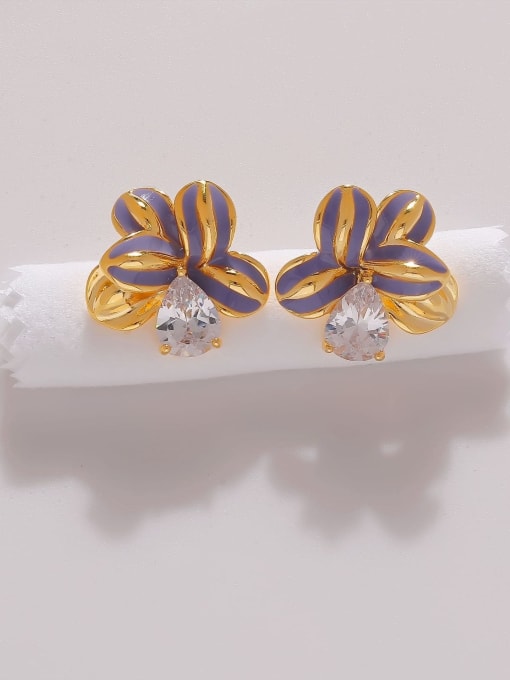 18K gold Brass Enamel Flower Vintage Stud Earring