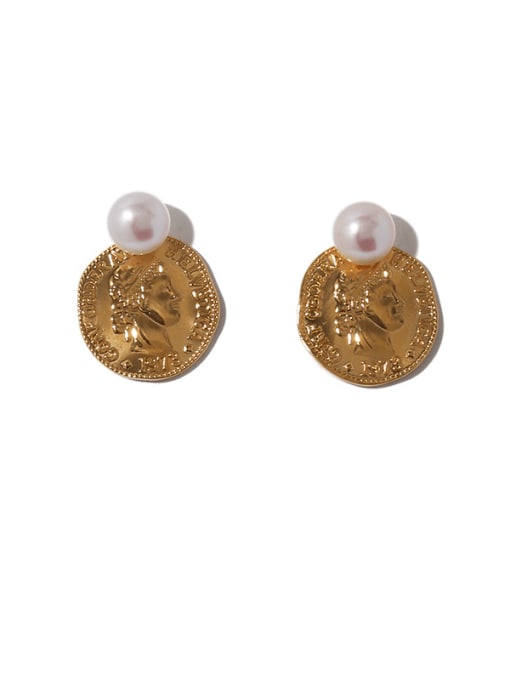 golden Brass Imitation Pearl Coin Vintage Drop Earring