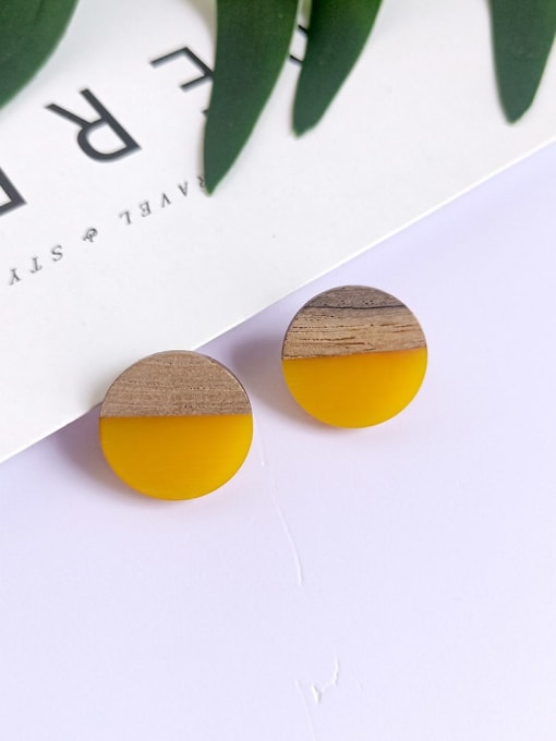 Yellow round wood resin splicing Resin Heart Vintage wood color matching Stud Earring/Multi-Color Optional