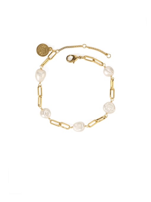golden Brass Freshwater Pearl Geometric Artisan Adjustable Bracelet
