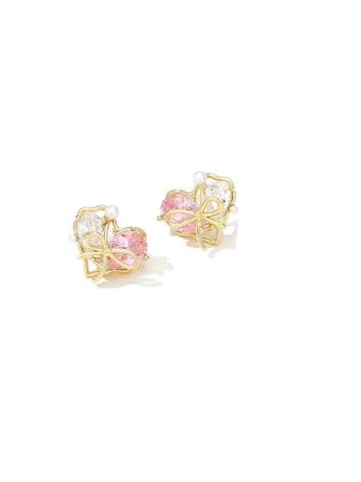 Light gold  pink ear clip Brass Cubic Zirconia Heart Minimalist Stud Earring