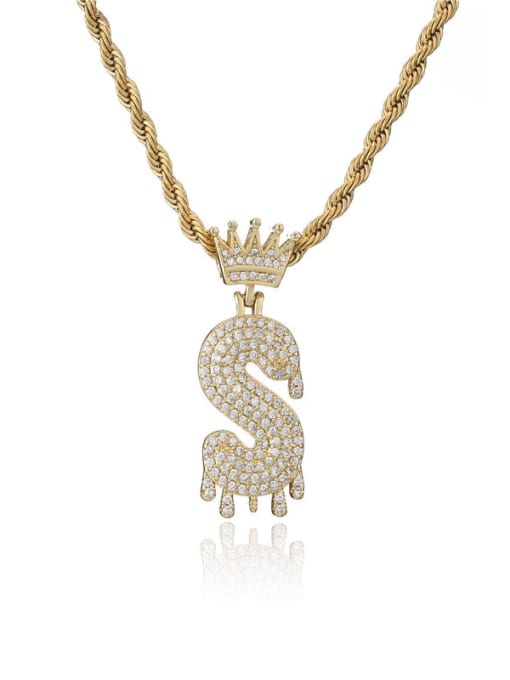 S Brass Cubic Zirconia Crown Hip Hop Letter Pendant Necklace