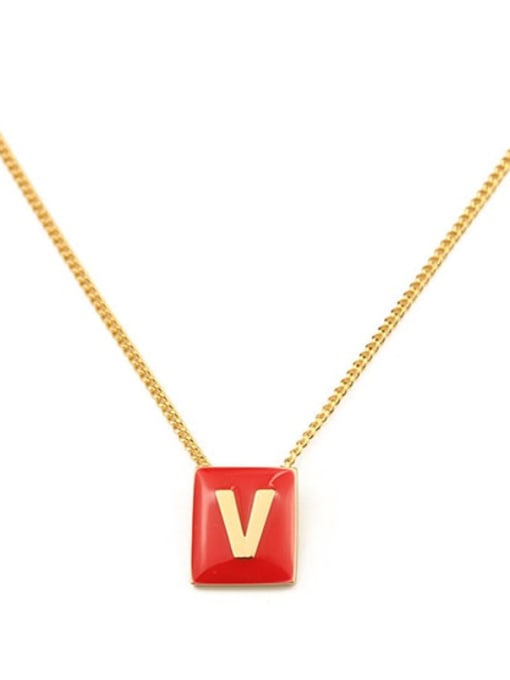 Red V Brass Enamel  Minimalist 26 English letters pendant Necklace