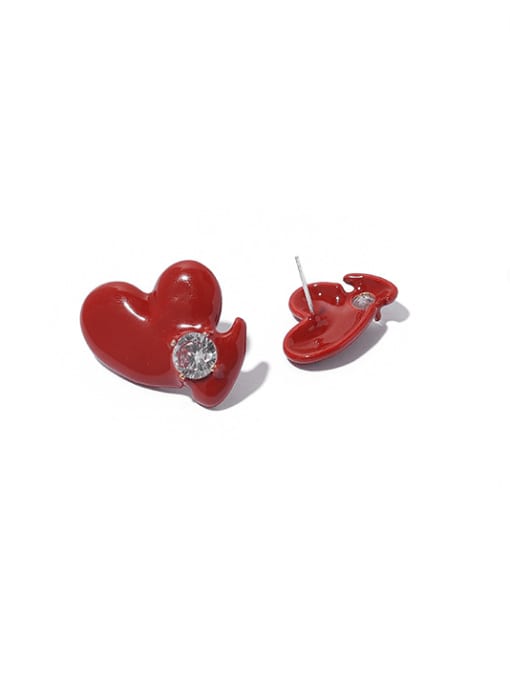 Red Earrings Brass Enamel Heart Vintage Stud Earring