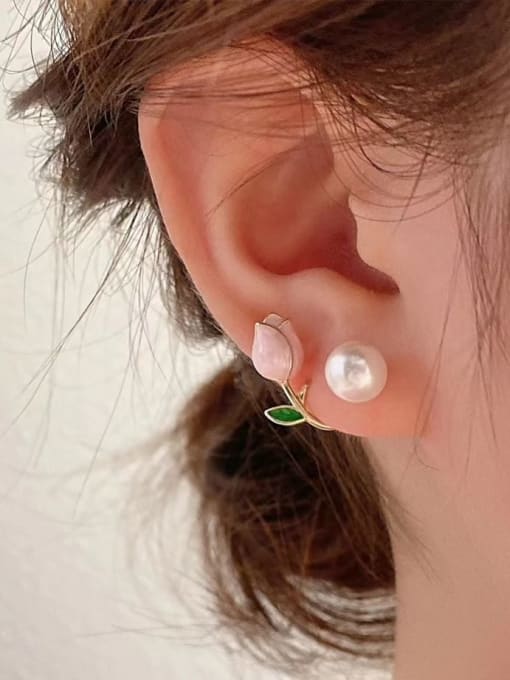 HYACINTH Brass Imitation Pearl Flower Minimalist Stud Earring 1