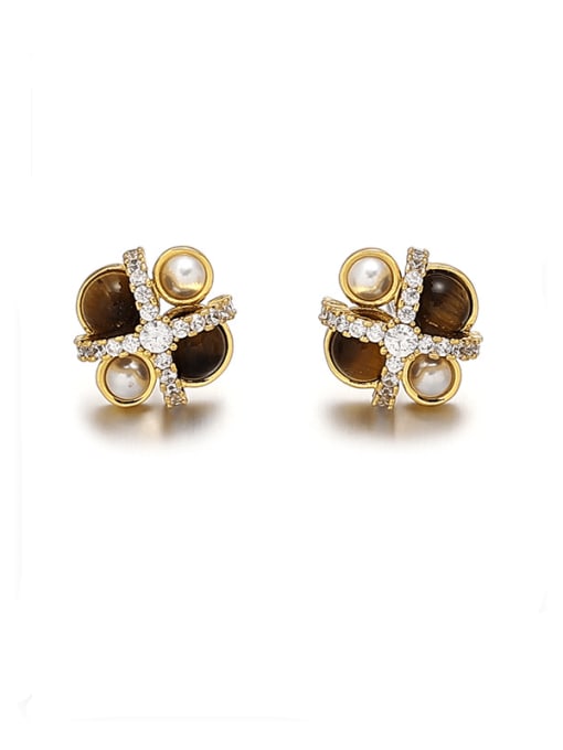 Brown Tiger Eye Stone Ear Studs Pair Brass Imitation Pearl Flower Vintage Necklace
