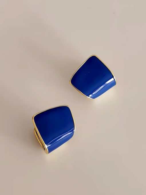 14k Gold Blue Brass Enamel Geometric Minimalist Stud Earring
