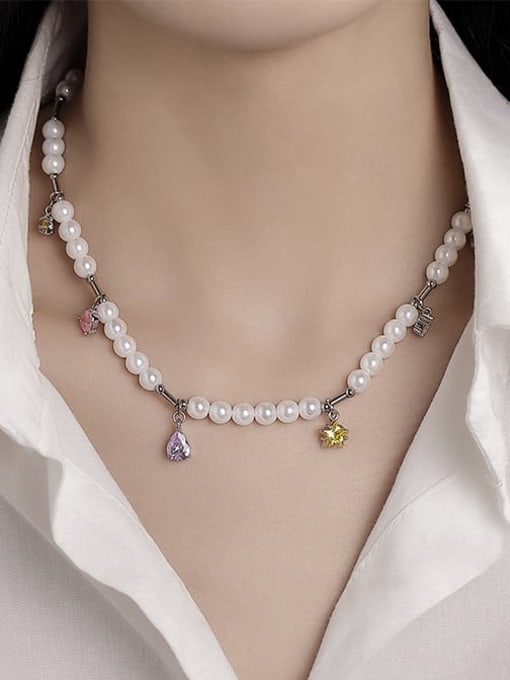 Five Color Brass Imitation Pearl Tassel Minimalist Beaded Necklace 1