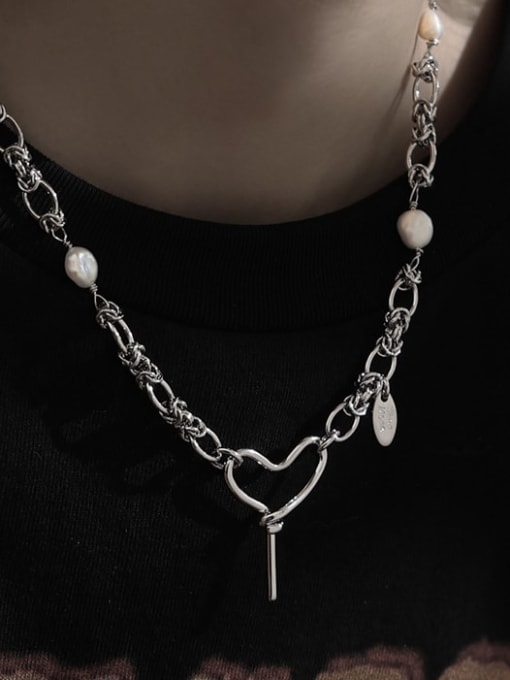 TINGS Titanium Steel Freshwater Pearl Heart Trend Tassel Necklace 1