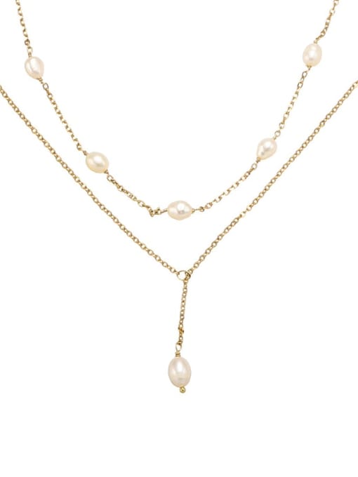 ACCA Brass Imitation Pearl Tassel Vintage Lariat Necklace 0