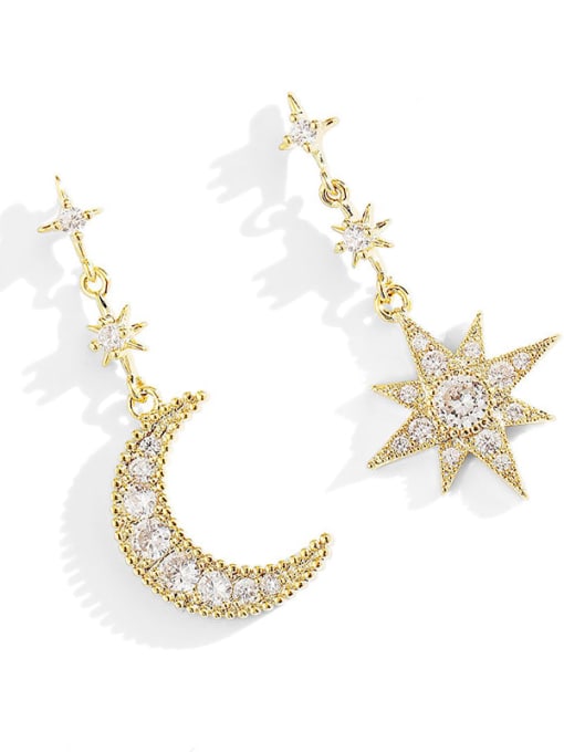 14K gold Copper cubic zirconia asymmetric moon star  drop Trend Korean Fashion Earring