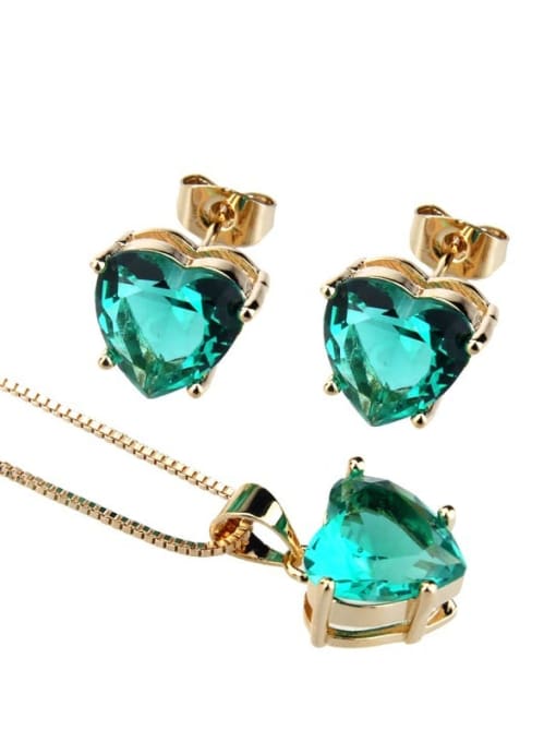 Gold Plated green Brass Cubic Zirconia Dainty Heart  Earring and Necklace Set