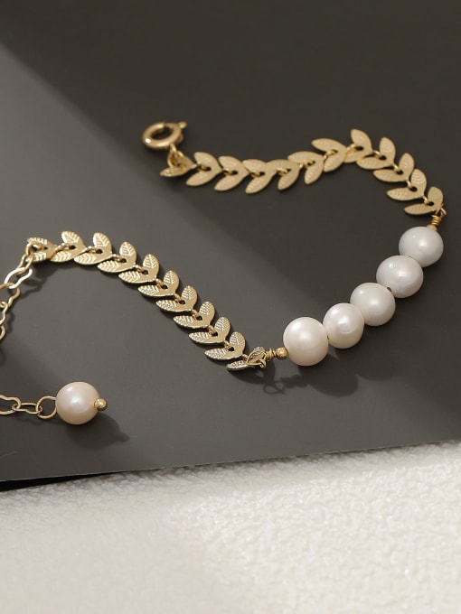 14k Gold Brass Imitation Pearl Leaf Minimalist Bracelet