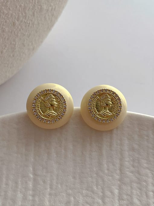 Q127 off white Brass Cubic Zirconia Enamel Round Vintage Stud Earring