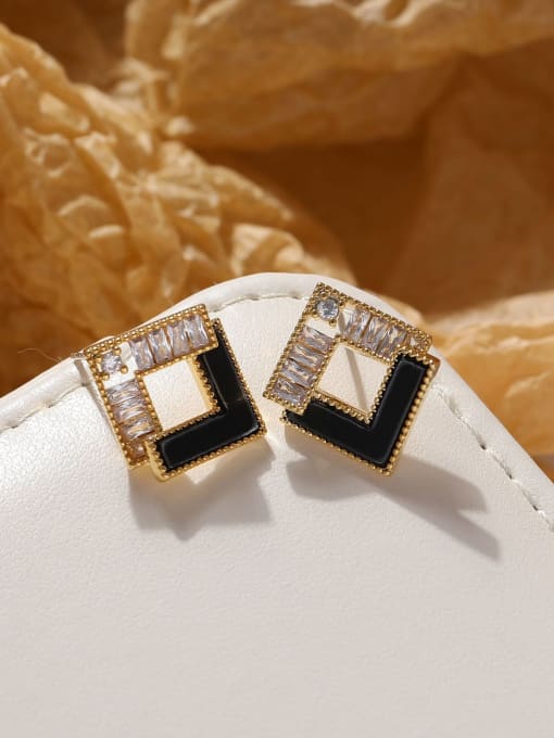 16K Gold Black Acrylic Brass Cubic Zirconia Shell Square Minimalist Stud Earring
