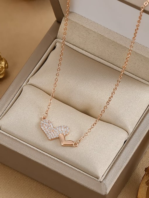 Rose Gold XL62497 Brass Cubic Zirconia Heart Dainty Necklace