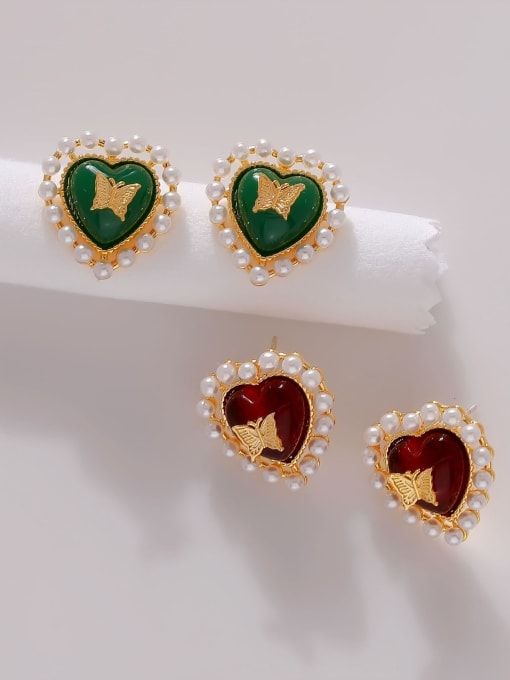 HYACINTH Brass Imitation Pearl Heart Vintage Stud Earring 3