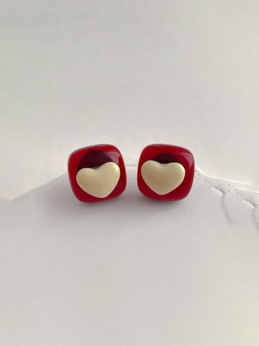 E314 Wine Red Resin Heart Earrings Brass Resin Heart Trend Stud Earring