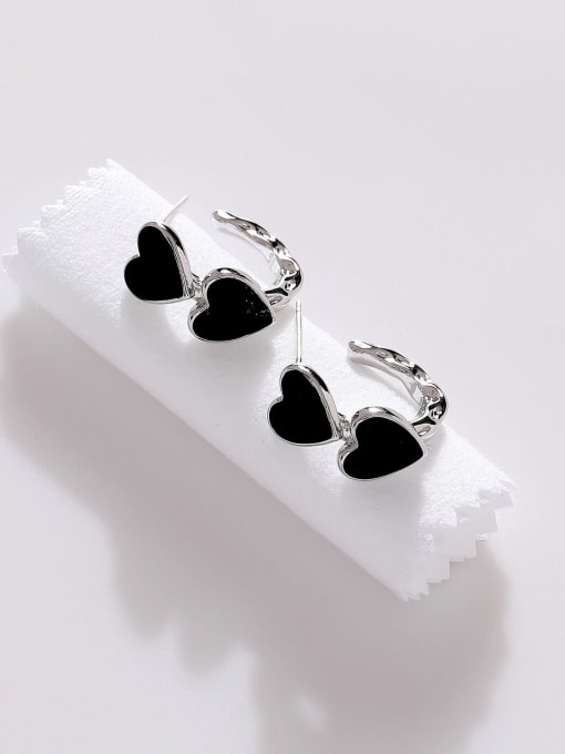 White K black Brass Enamel Heart Minimalist Stud Earring