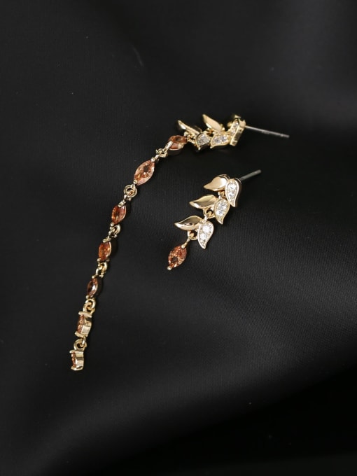 OUOU Brass Cubic Zirconia Asymmetrical  Leaf Luxury Cluster Earring