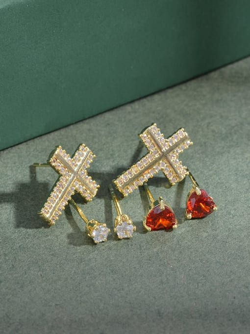 Gold E952 Brass Cubic Zirconia Cross Minimalist Stud Earring Set
