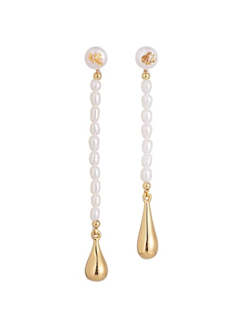 Gold Brass Imitation Pearl Water Drop Minimalist  Long Drop Earring