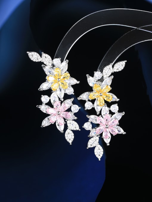 Colorful Brass Cubic Zirconia Flower Statement Cluster Earring