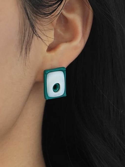 Square dark green Earrings Brass Enamel Geometric Vintage Stud Earring