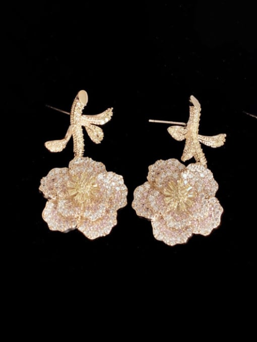Pink Brass Cubic Zirconia Flower Vintage Stud Earring