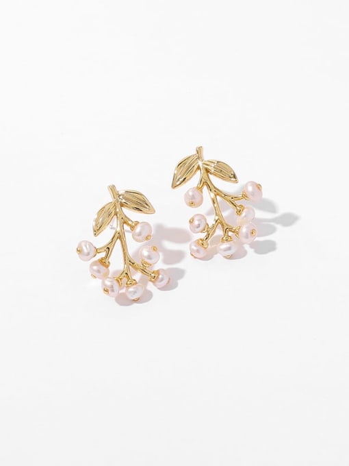 golden Brass Freshwater Pearl Leaf Minimalist Stud Earring