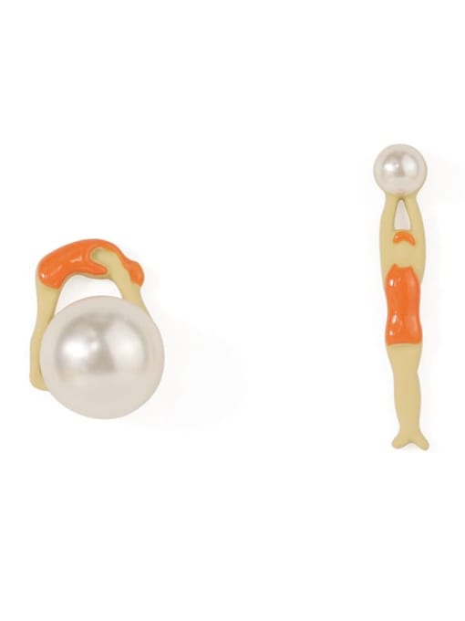 Five Color Alloy Enamel Irregular Cute gymnastics villain asymmetrical pearl  Stud Earring 0
