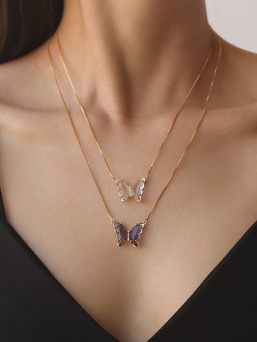 Five Color Brass Glass Stone Butterfly Minimalist Pendant Necklace 1