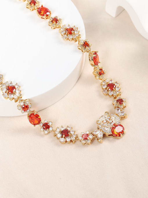 red Brass Cubic Zirconia Luxury Geometric Earring and Necklace Set