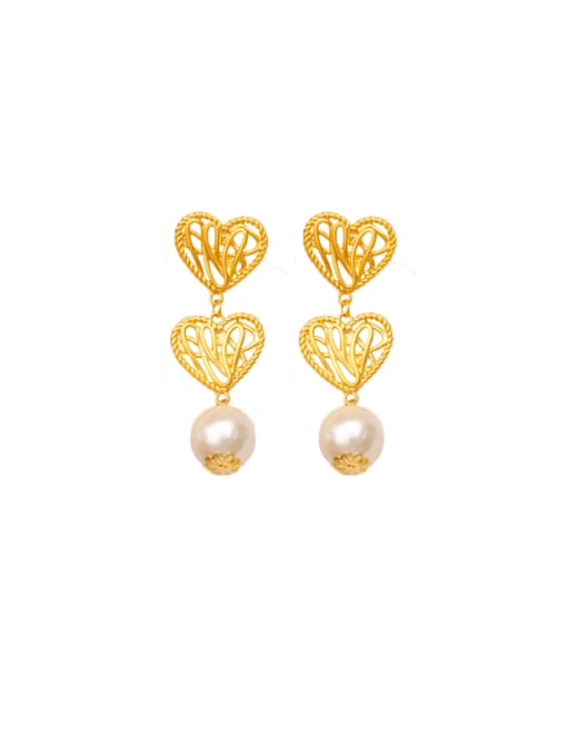 Matte Gold Brass Imitation Pearl Weave  Heart Trend Drop Earring