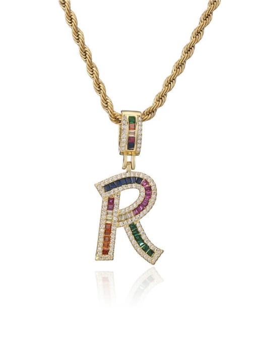 R Brass Cubic Zirconia  Vintage Letter Pendant Necklace