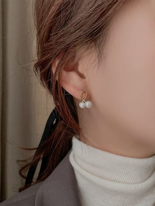 Gold E1058 Brass Imitation Pearl Geometric Dainty Stud Earring
