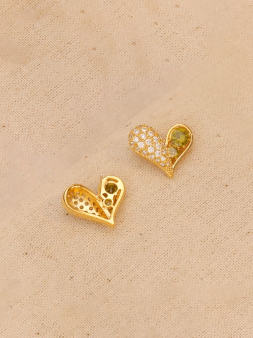 18K Gold +Olive Green Brass Cubic Zirconia Heart Trend Stud Earring