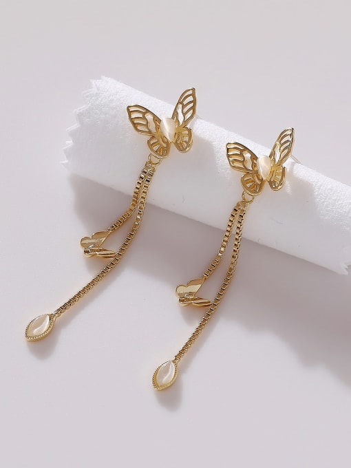 HYACINTH Brass Cats Eye  Butterfly Tassel Minimalist Drop Earring 1