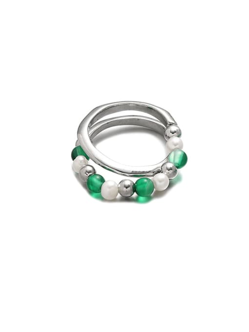 Natural Stone Pearl Double Layer Ring Titanium Steel Natural Stone Geometric Vintage Stackable Ring