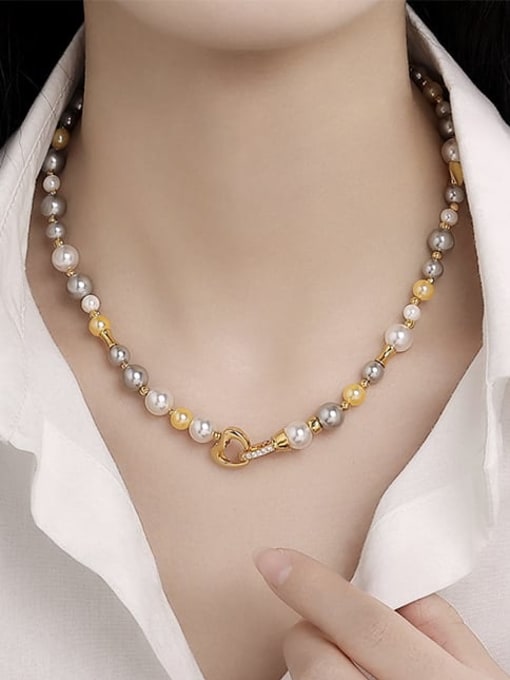 Five Color Brass Imitation Pearl Heart Hip Hop Beaded Necklace 1