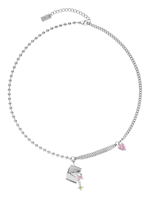 Platinum Brass Cubic Zirconia Pink Heart Dainty Necklace