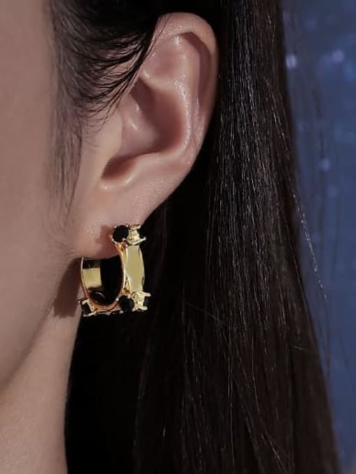 ACCA Brass Obsidian Geometric Minimalist Huggie Earring 1