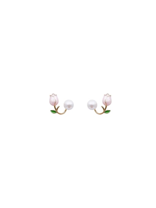 YOUH Brass Imitation Pearl Enamel Flower Dainty Stud Earring