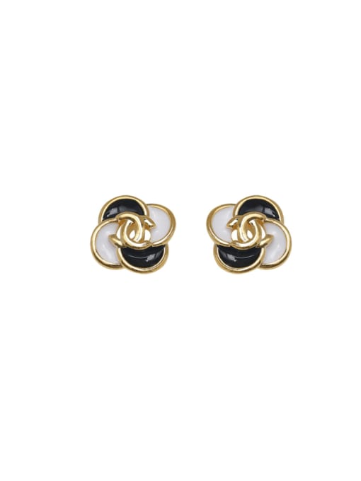 18K Gold Black White Brass Enamel Flower Minimalist Stud Earring